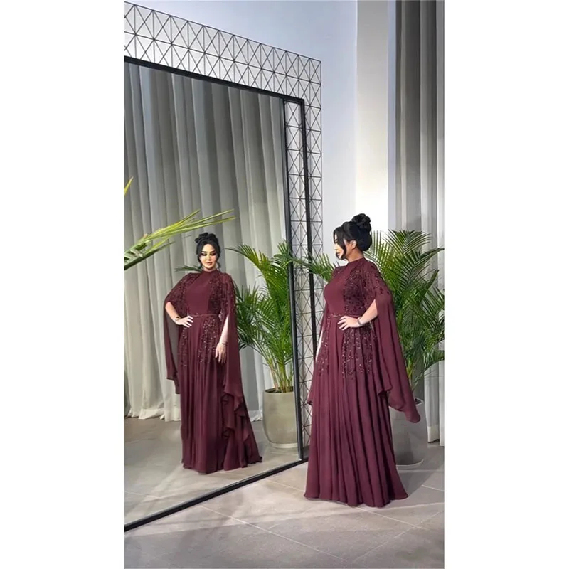 Elegante vestido de fiesta de gasa con cuello alto y lentejuelas, vestido de noche de compromiso fruncido, Arabia Saudita, ocasiones especiales