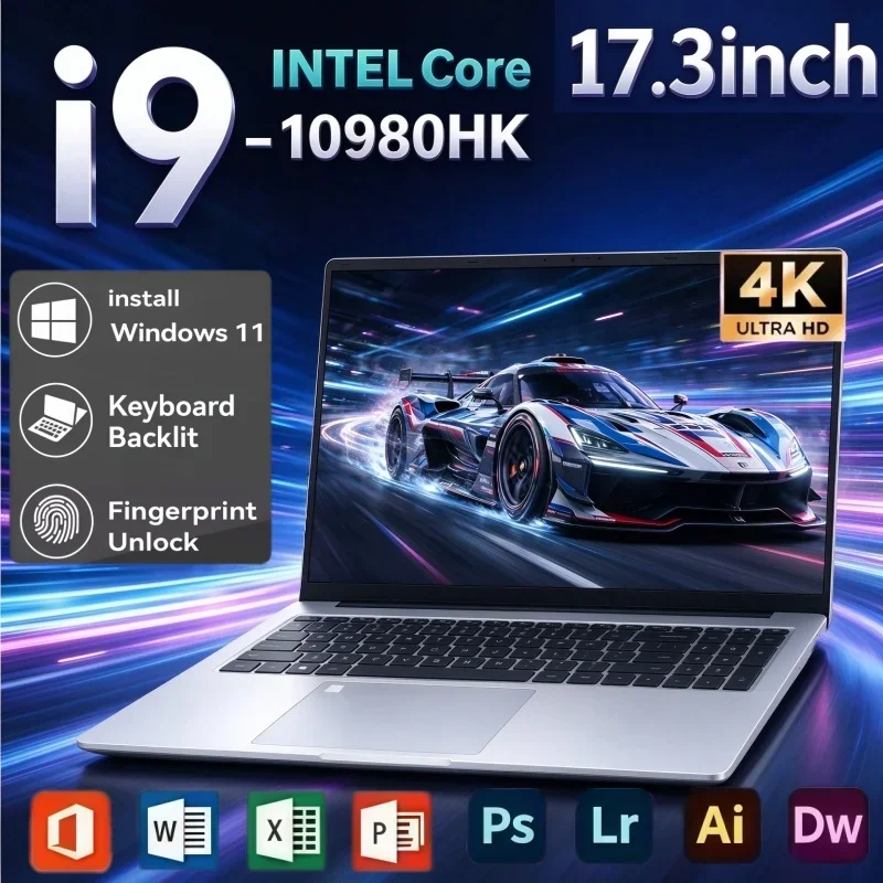 17.3 Inch HD Display Laptop Intel I9-10980HK 32GB RAM 2TB SSD Win11 WiFi6 BT5.2 Fingerprint Unlock Notebook PC For Remote Office