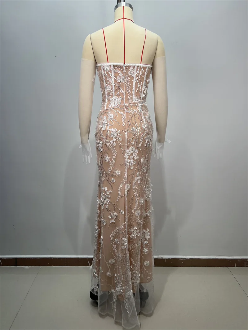 Luxuriöses Perlen-Meerjungfrau-Hochzeitskleid mit abnehmbaren Ärmeln, 3D-Blume, sexy trägerloses langes Brautkleid, formelle Geburtstagsrobe