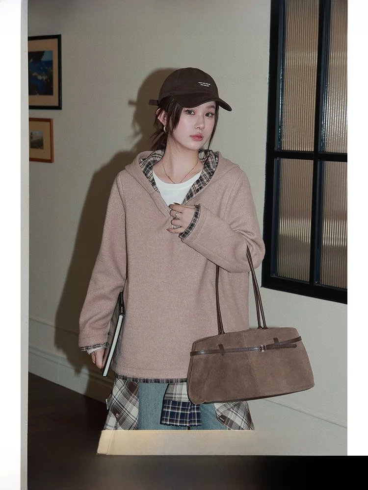 

Женская толстовка больших размеров из шерстяной смеси с длинными рукавами, утепленная, в корейском стиле, зимняя, модная, повседневная, удобная