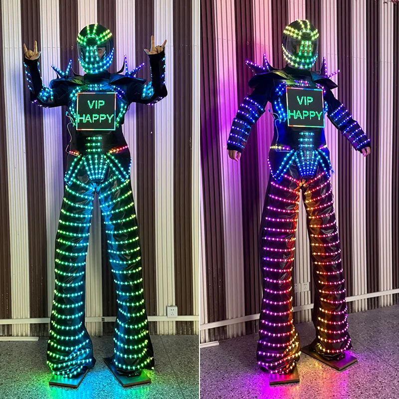 LED Stilt Walker Costume Helmet Men Light up Robot Suit Screen Edit Nightclub Party Stage Performance Festival Rave Outfit