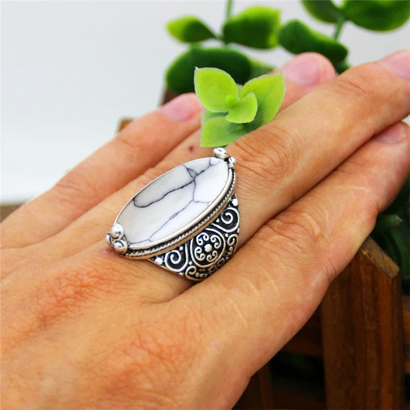 5 Colors Flower Band Oval Synthetic Turquoises Rings For Women Vintage Look Antique Silver Plated 5 Colors Fashion Jewelry TR362