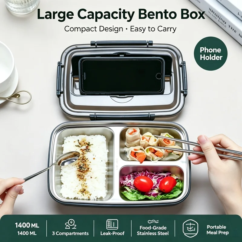 Easy‑Clean Stainless Steel Leak‑Proof Bento Lunch Box With 3 Compartments Reusable Portable Food Storage Container For Student