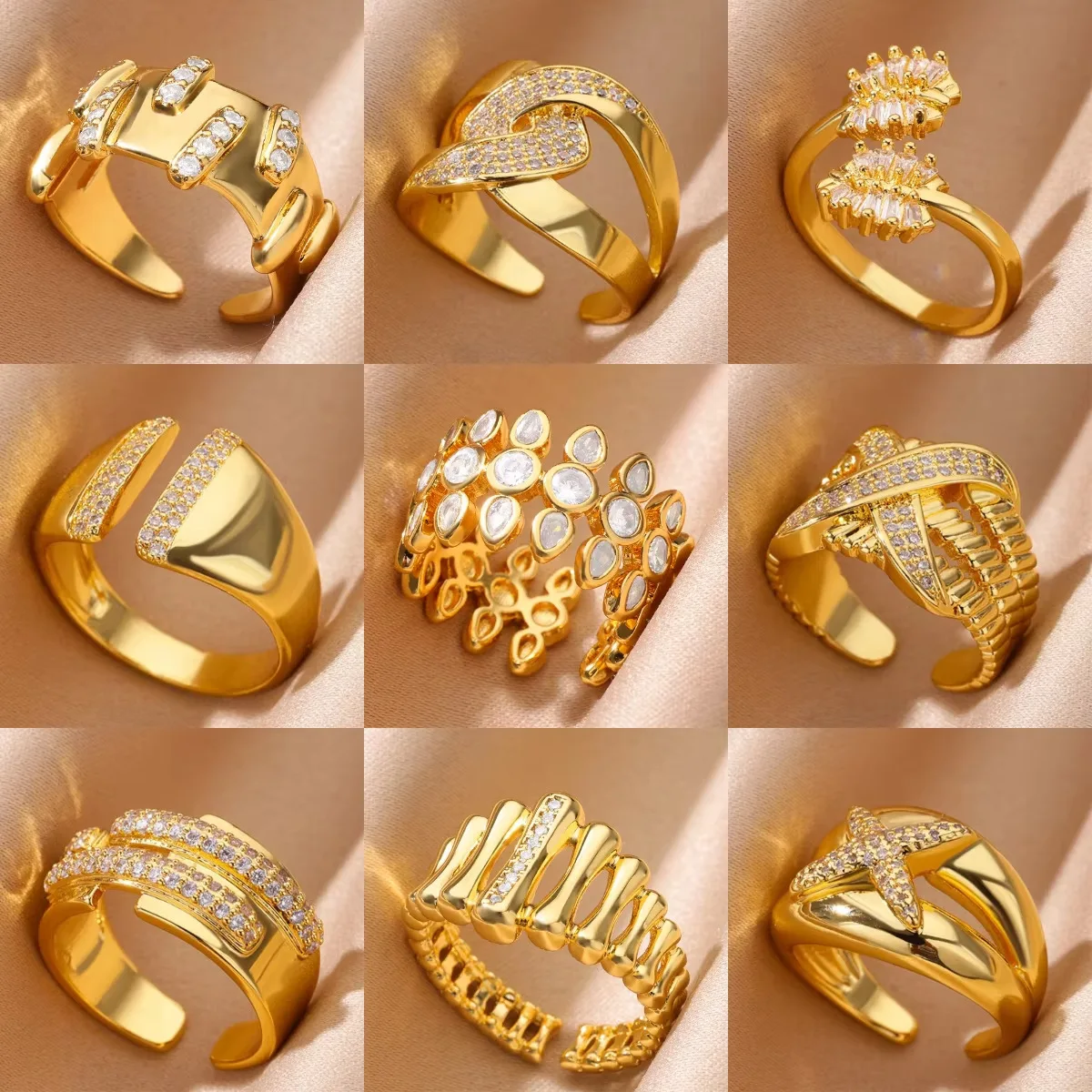 

Luxury 18k Gold Plated Zircon Geometric Ring for Women Adjustable Open Rings Wedding Party Jewelry Gift Female 2025 Trendy