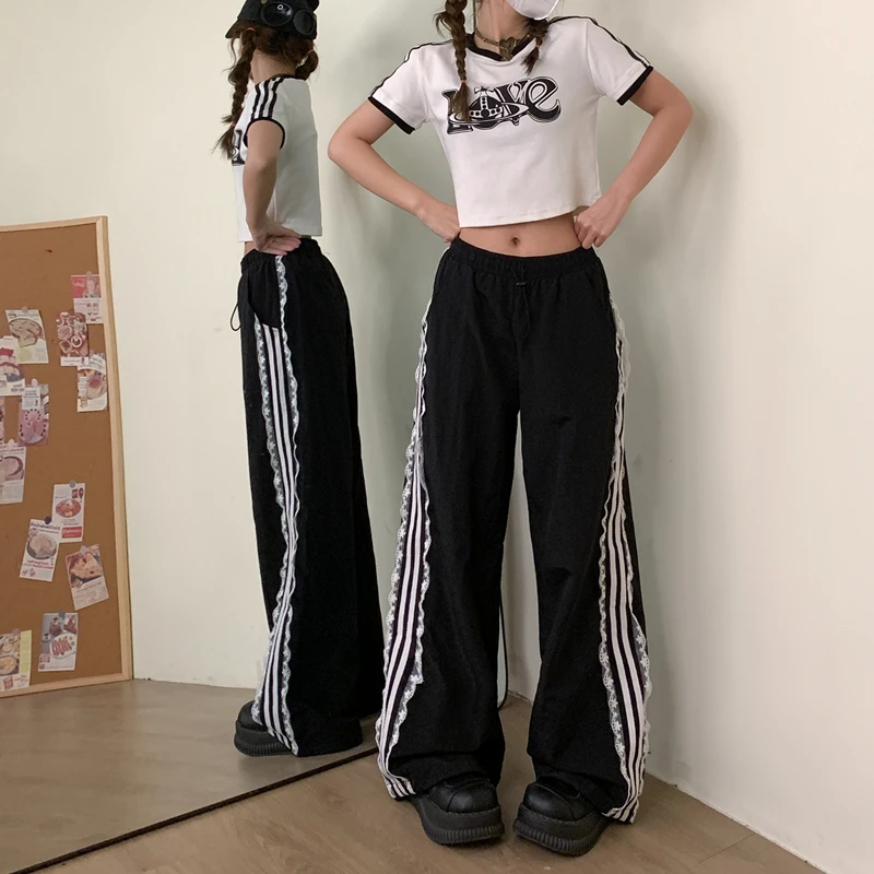 American Black Vintage Drawstring Sweatpants Lace High Waisted Straight Wide Leg Pants Baggy Y2K Stripe Trouser Ladies Summer