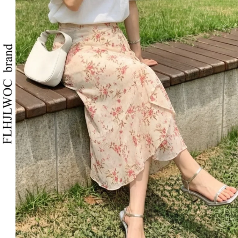 Hot Wrap Up Chic Korea Clothes Women Cute Girls Floral Robe Holiday Beach Date High Waist Retro Vintage One-Piece Lace-Up Skirts