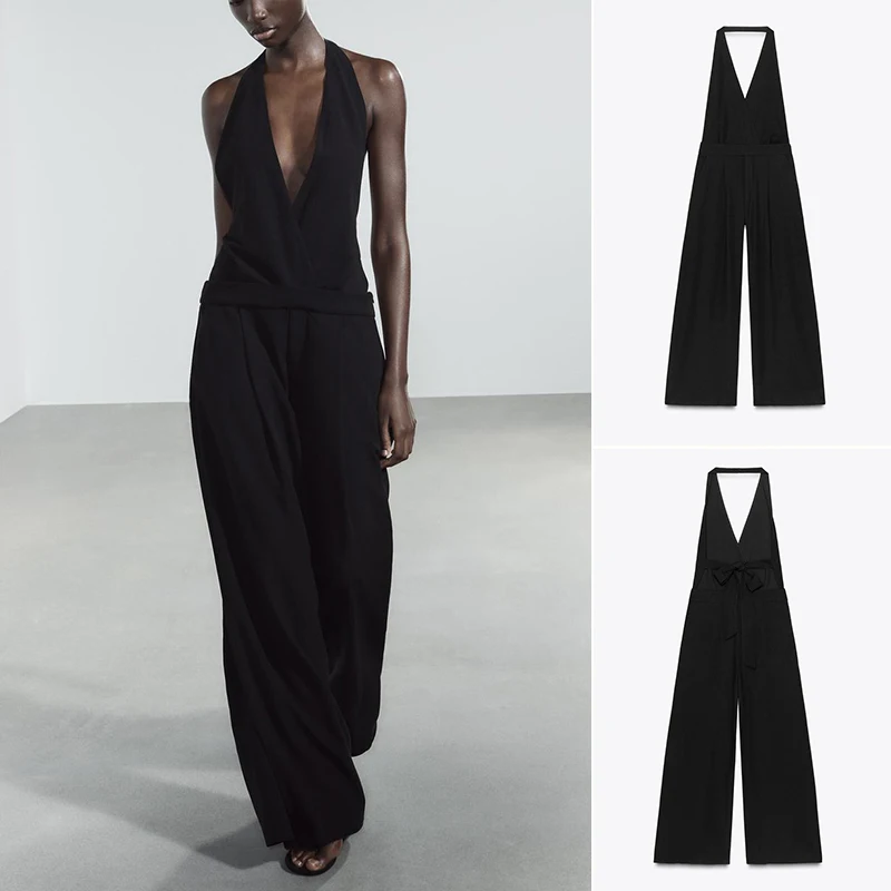 

Весна-лето, новый женский комбинезон из смеси льна, украшенный узлом, двубортный комбинезон с v-образным вырезом и высокой талией, широкие брюки...