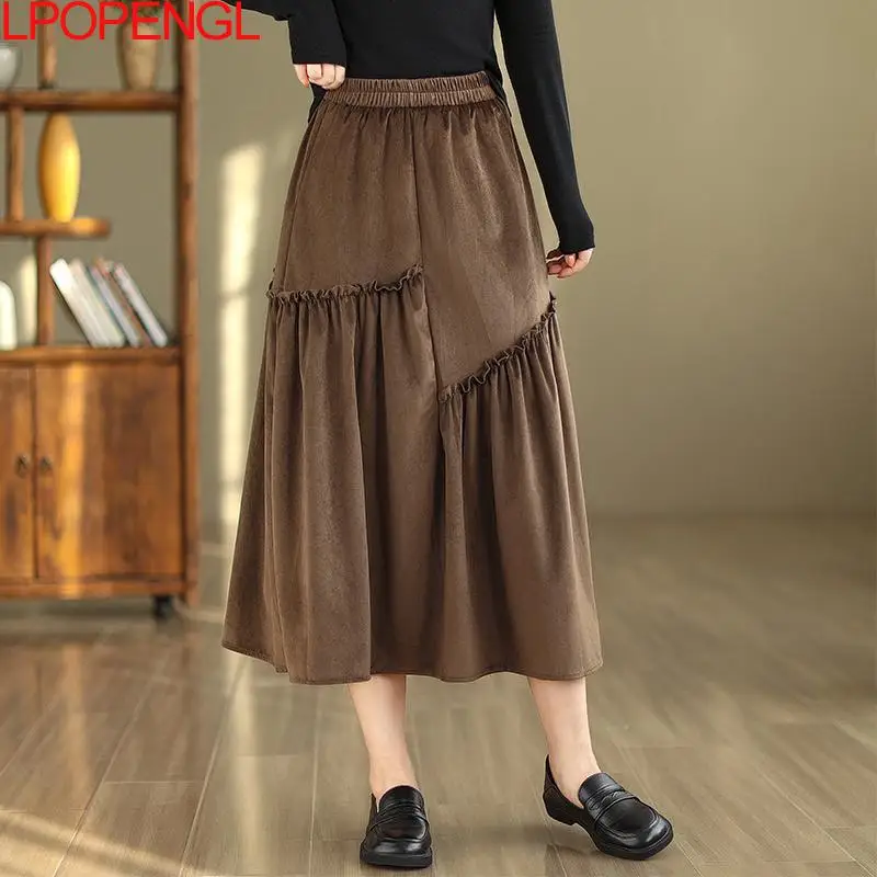 2023 Fashion Woman's Autumn New Literary Vintage Patchwork Solid Color Irregular Loose Casual Temperament A-line Mid-calf Skirt