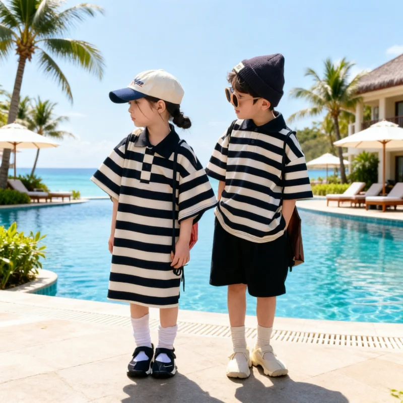 2026 Summer Sibling Matching Outfits Kids Striped Polo Shirt Set Boy Short Sleeve Top + Shorts Girl Polo Dress Casual Loose