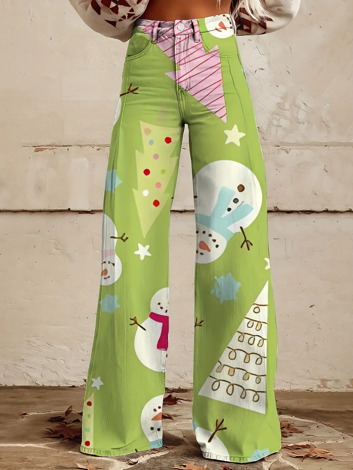 Ladies' imitation denim pants with blue background and Santa Claus snowflake pattern autumn and women's exclusive