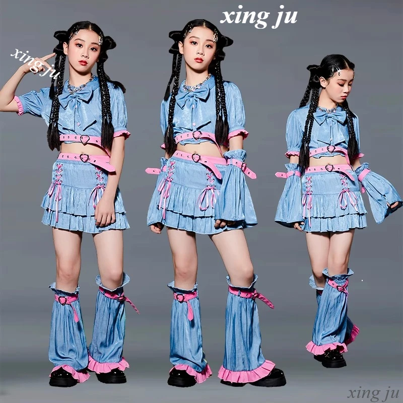 

Летний модный костюм для джазовых танцев для девочек, футболки с бантом, плиссированная юбка на шнуровке, костюм для выступлений, танцевальные костюмы, детская одежда Kpop