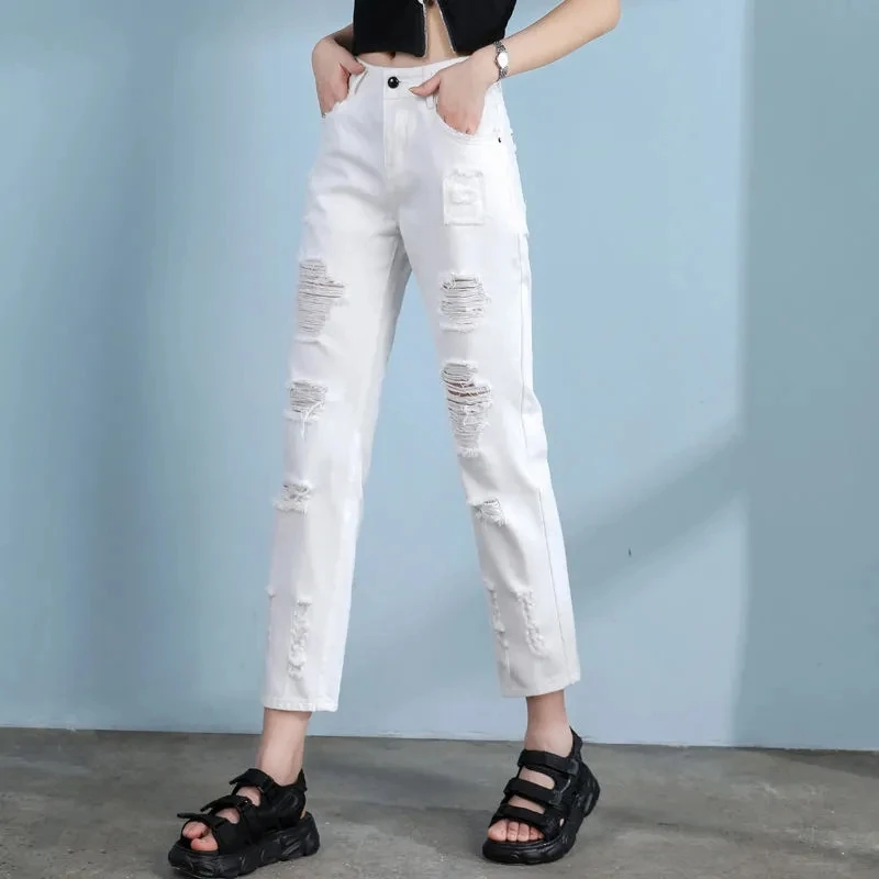 Korean High Waist Hole Jeans Women Spring Summer 2024 New Fashion Loose Casual Harun pants Ladies Slim Denim Pants Female