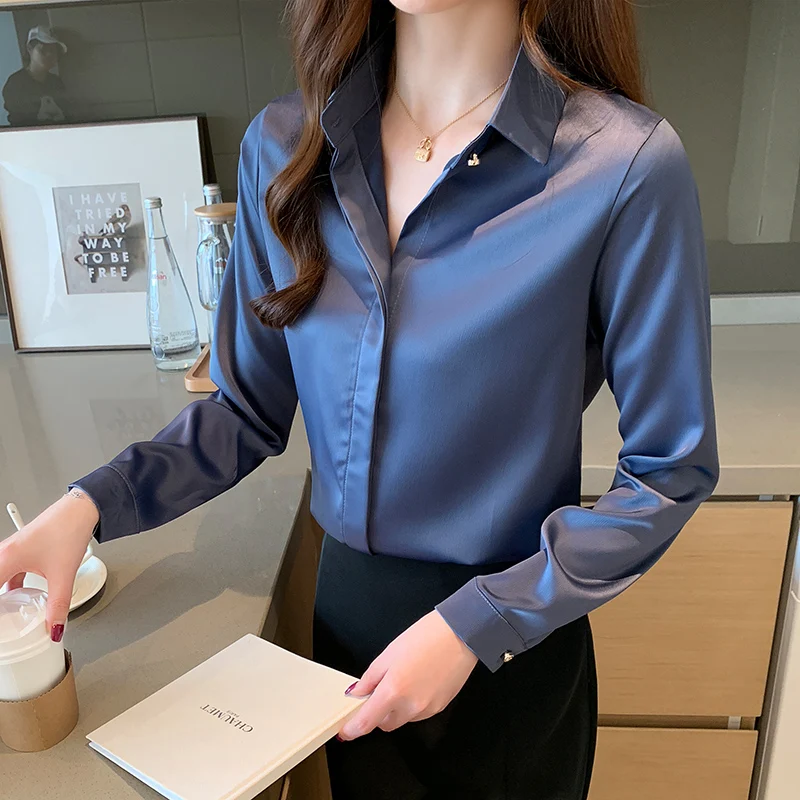 2023 Autumn Women\'s Shirts Satin Blouse for Women Long Sleeve Shirt Silk White Shirt OL Woman Solid Blouses Pullover Ladies Tops