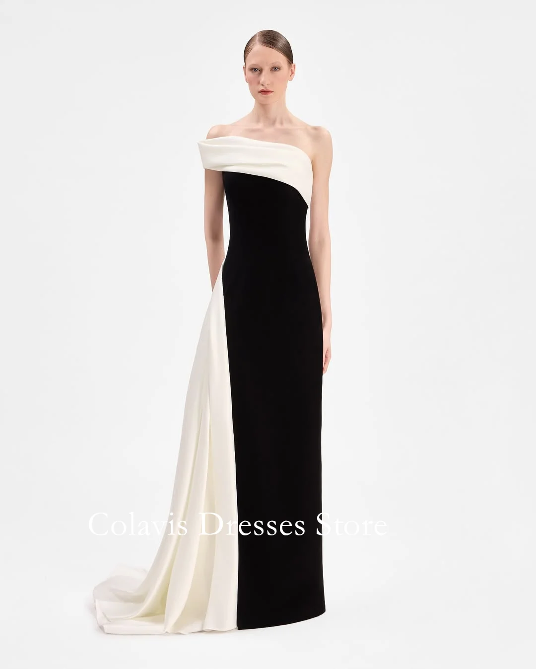 

2025 Customized Strapless Black White Mermaid Satin Prom Dresses Evening Dress Women Evening Gowns Formal Party Dress