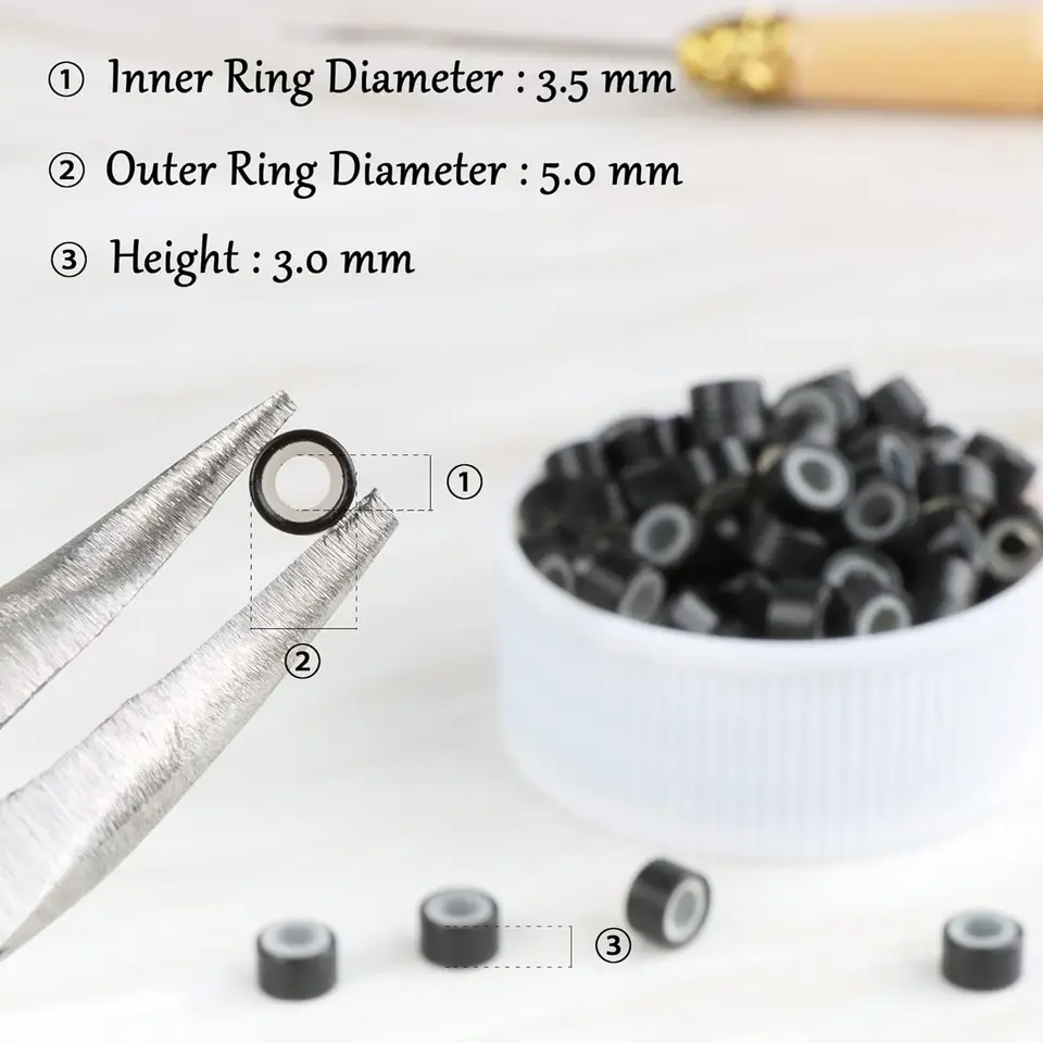 1000 cuentas de anillo micro para extensiones de cabello, cuentas de 5 mm con revestimiento de silicona, adecuadas para extensiones de cabello humano 3