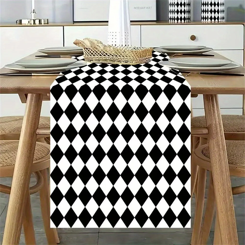 Black White Argyle Table Runner 2D Flat Print Stylish Decor Dining Table Kitchen Table Runner Charming Functional Modern Lively