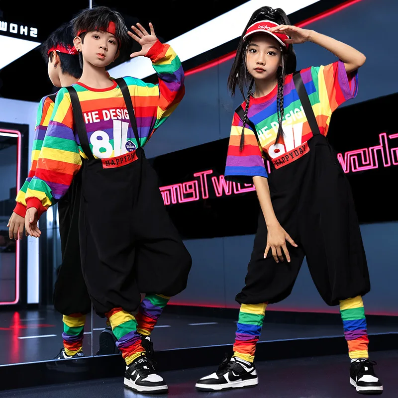 Fancy Suits For Girls Children\'S Rainbow Color Short Sleeve T-Shirt Pants 2-Piece Set  Boys Hip Hop Costumes