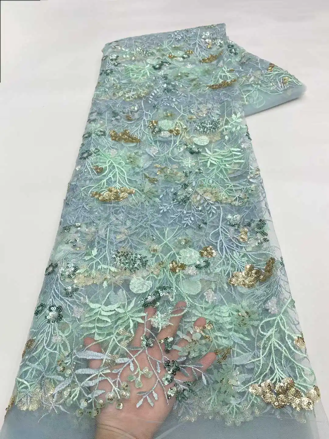 

African Sequined Lace Fabric 2025 High Quality Embroidery Nigerian French Lace Fabric For Sew Party Dresses 5 Yards