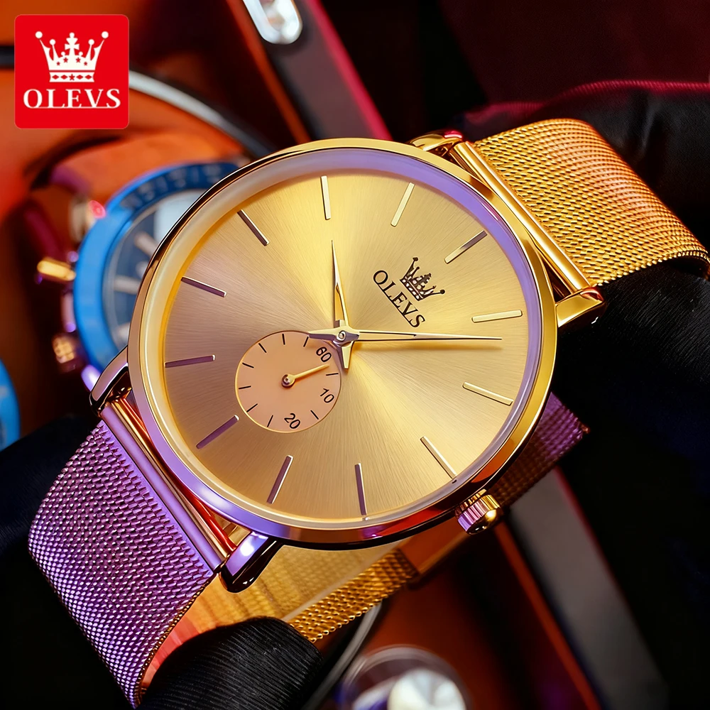 

OLEVS мужские часы, роскошные модные сетчатые стальные ремешки, оригинальные брендовые кварцевые наручные часы для мужчин, водонепроницаемые ультратонкие платья 7,5 мм