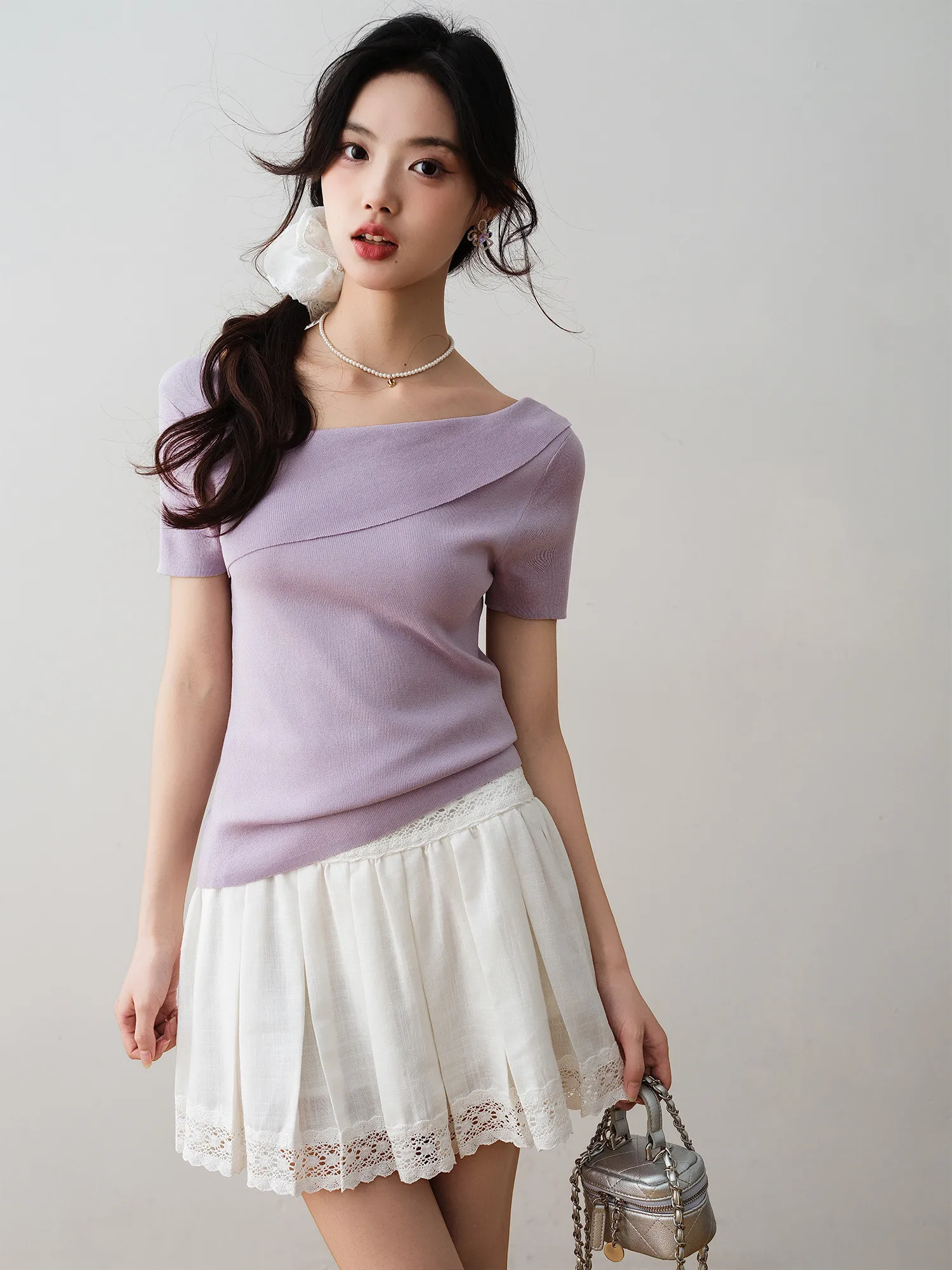 

Slimming Effect Knitted ort Sve Asymmetrical oulder Design Summer New Sle Versatile Slim Fit RONRON Women's Top