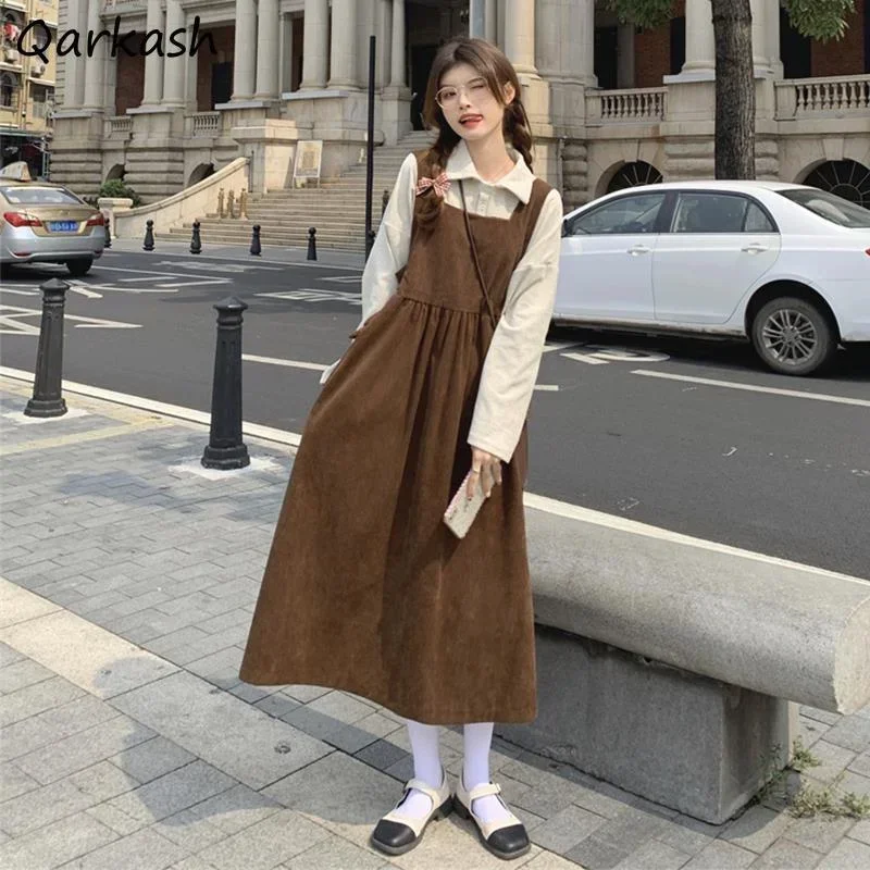 Sleeveless Dress Women Autumn New Sweet Retro Midi Dresses Preppy Style Kawaii Loose Empire Design Belt Suspenders Vestidos Girl