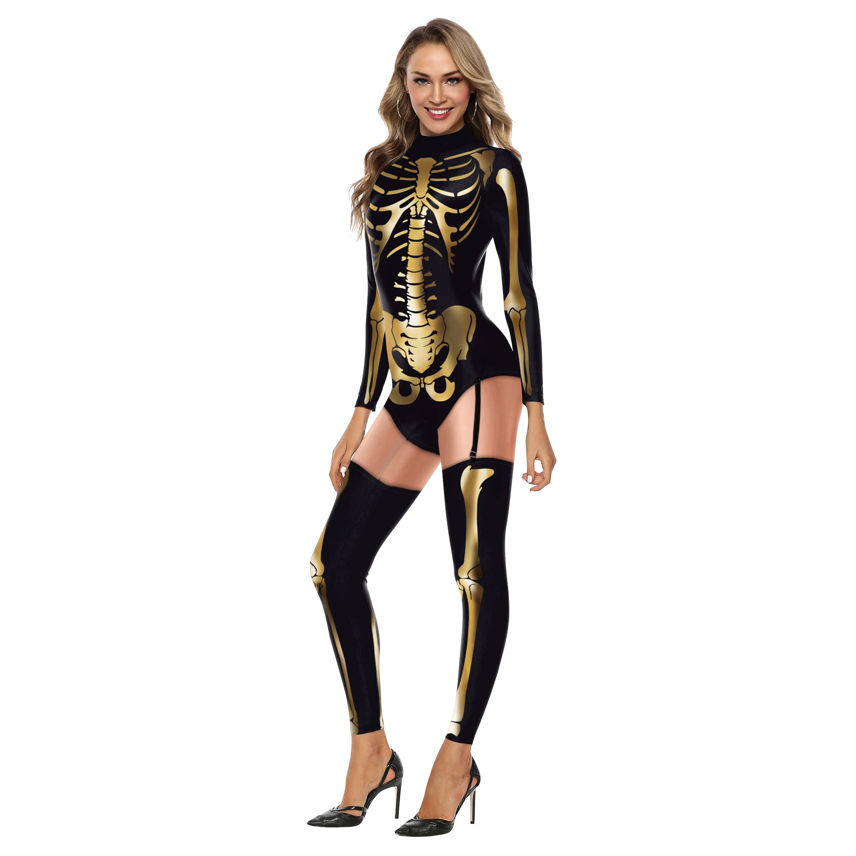 Zawaland-bodysuit impressão caveira de Halloween para mulheres, fantasia Cosplay sexy, macacão emendado, festa engraçada Onesie, carnaval, feminino