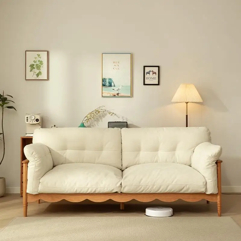 Japanese-style all-solid wood sofa Log cream wind cherry wood Nordic simple small apartment fabric technology cloth sofa