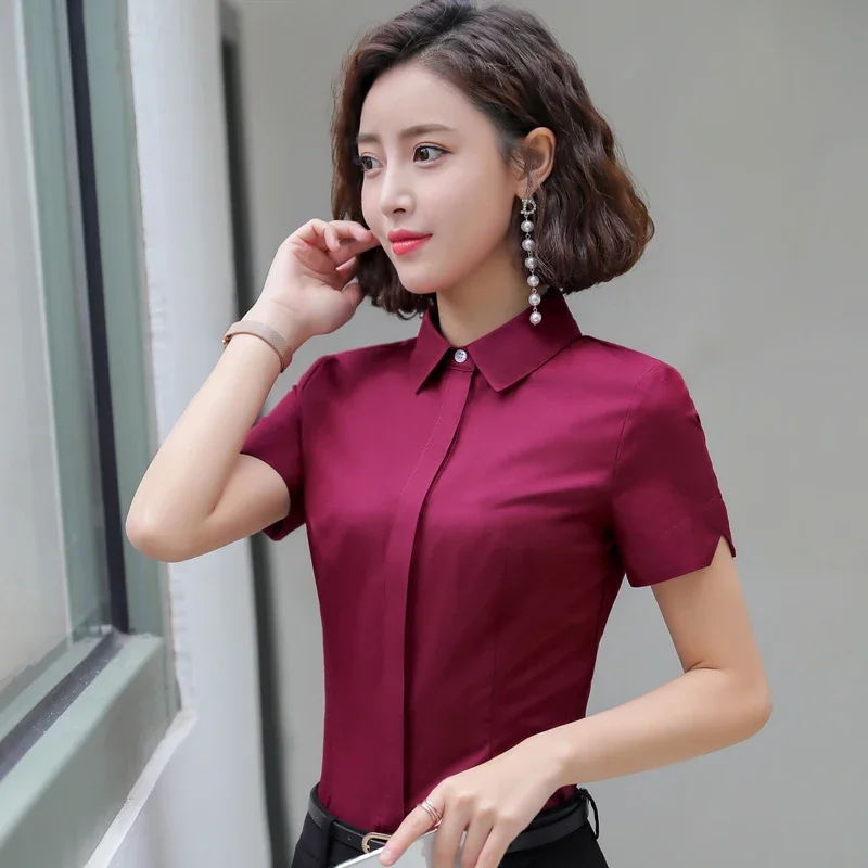 Formal Uniform Designs 2021 Summer Short Sleeve Blouses and Shirts Ladies Office Work Wear Blouse Female Tops Clothes Burgundy