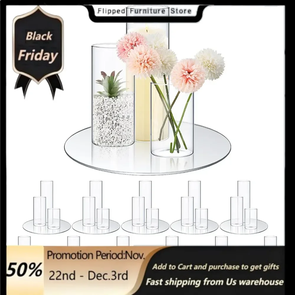 

12 Sets Round Glass Mirror Trays Glass Cylinder Vases Wedding Table Flower Vase with Mirror Set Table Centerpiece Decoration.