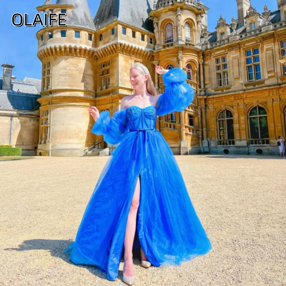 Olaife Prom Dresses Lace Off Shoulder Tulle Split Puff Long Sleeves Evening Dress Princess Party Dress serene hill dresses