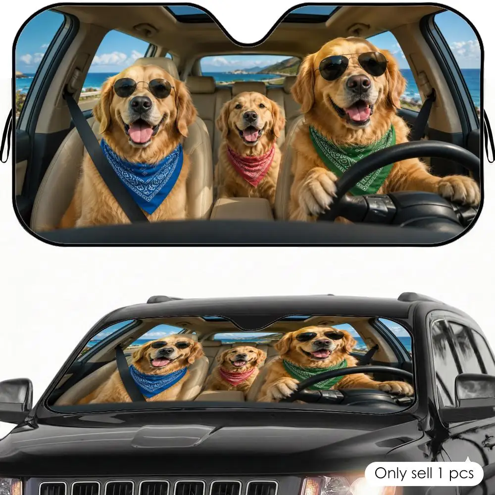

Funny Golden Retriever Driving Sun Visor Reusable Windshield Cover Aluminum Foil UV Protector Heat Insulation