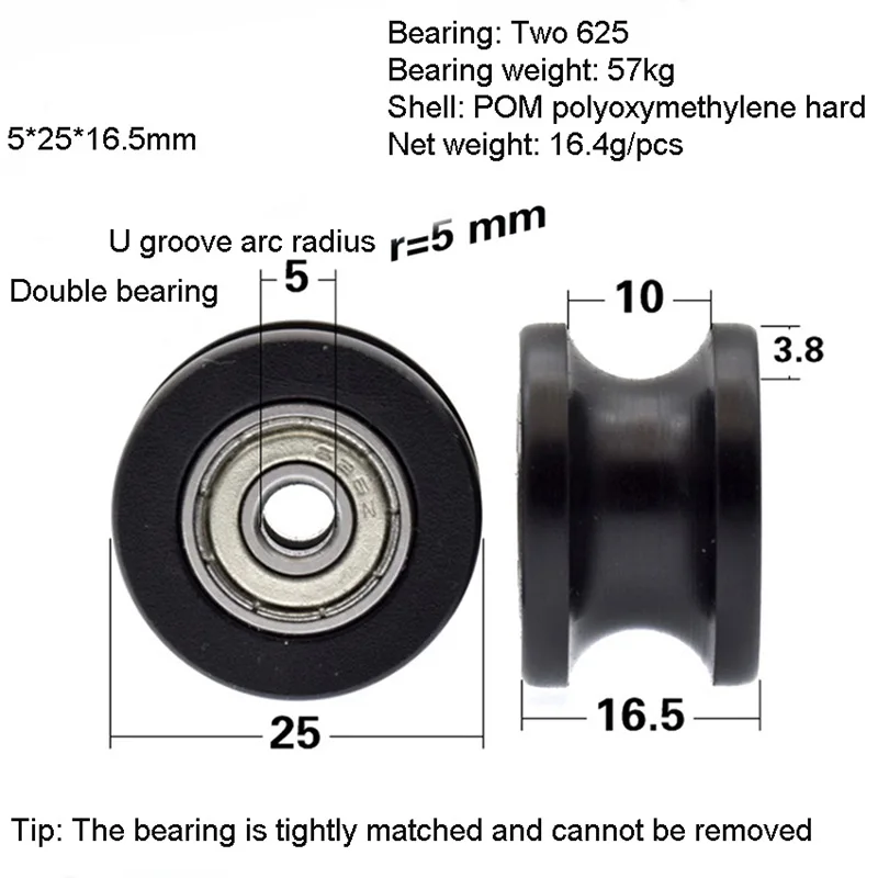 Koło wklęsłe w kształcie litery U z rowkiem, wbudowane podwójne łożysko 634ZZ, koło prowadzące o średnicy 10 mm, koło napędzane POM 5 * 25 * 16,5 MM