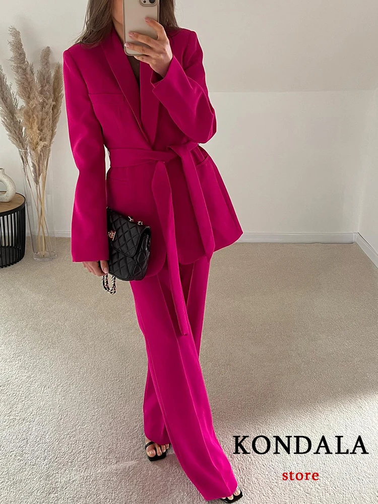 KONDALA Vintage Solid Roesred abiti da donna Office Lady Fashion 2023 manica lunga con scollo a V cintura con fiocco Blazer oversize pantaloni a