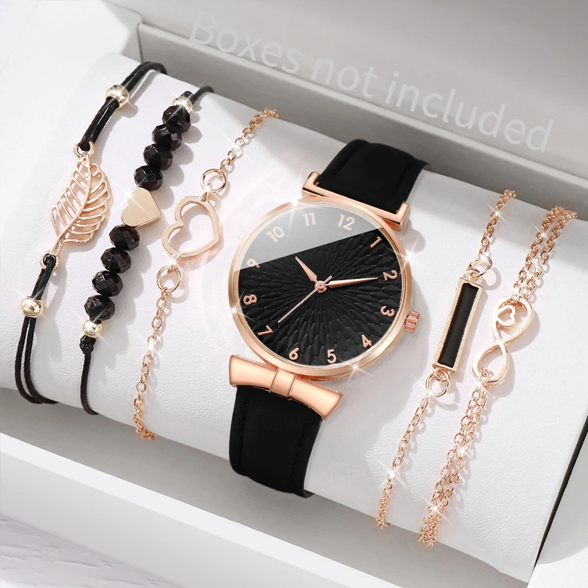 6pcs/set Women Watches Heart Leaf Bracelets Set Fashion Leather Band Ladies Quartz Watch（Without Box）