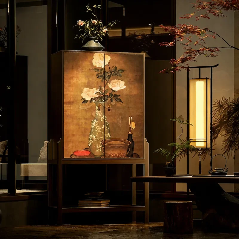 Song Dynasty Style Wabi Sabi Bird Motif Solid Wood Bucket Cabinet High Footed Entrance Locker Living Room Chinese Storage
