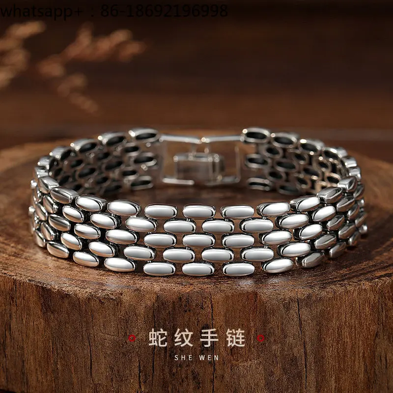 Men's Silver Bracelet S925 Sterling Silver Wide Edition Retro Personality Trendy Men's Snake Pattern Zodiac Snake Bracelet