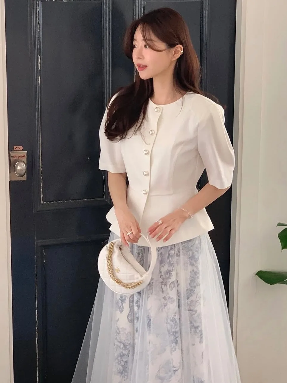 

Ele Pearl Button Suit Jaet And Lace Skirt Set Chic Summer Outfit Busin Casual Sle Midi Dr for Women