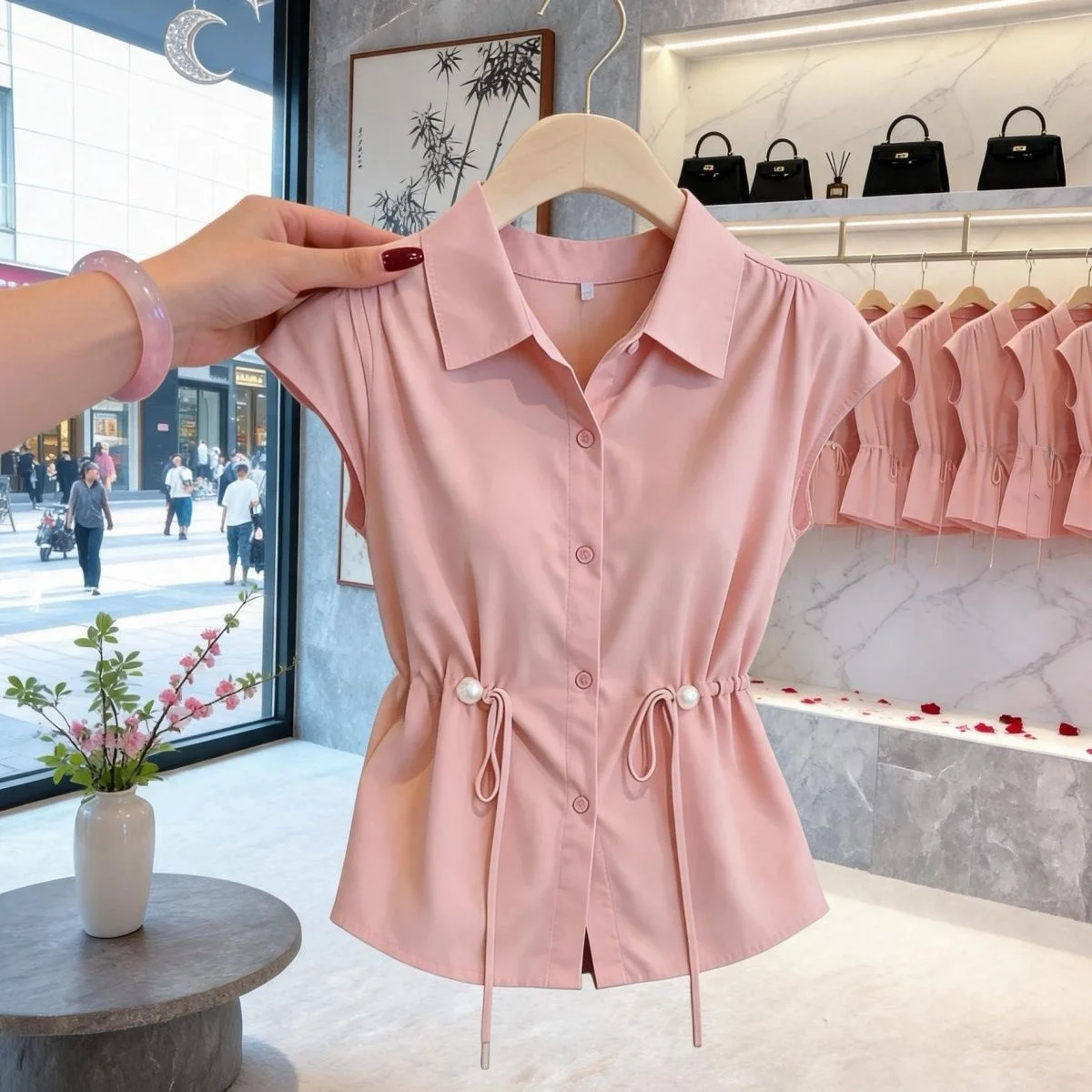 Slim Fit  Neck Short Sleeve Shirt Pure Color Waist-Cinching Design Fashionable Summer New Style plus Size Women's Top