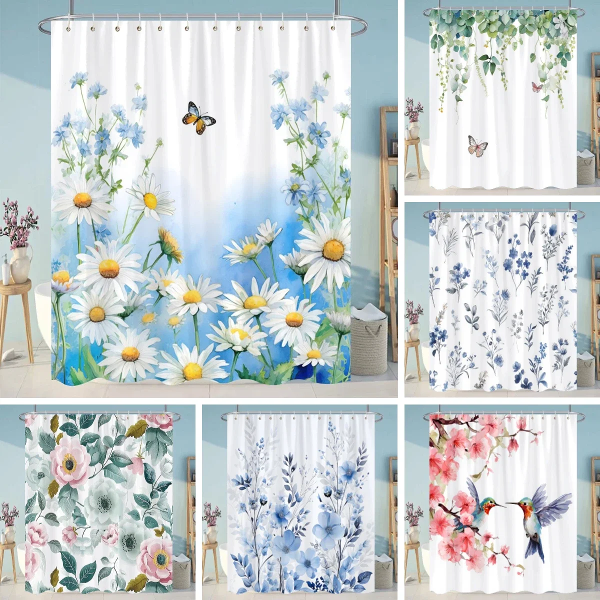 Botanical Flower Shower Curtain Colourful Flowers Green Leaves Watercolour Art Creative Polyester Shower Curtains Bathroom Decor