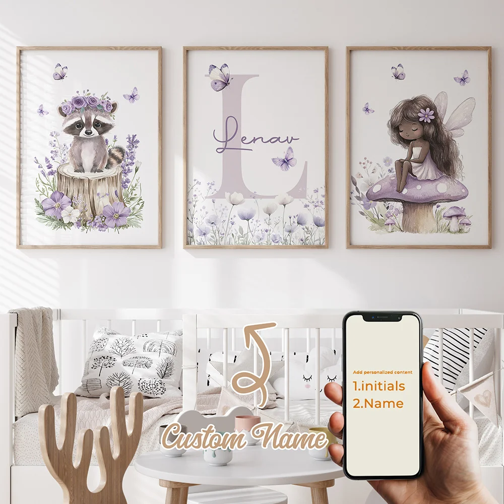 

3pcs Personalized Custom Name Cartoon Purple Princess Wall Art Print Picture Canvas Poster Painting For Living Room Home Decor