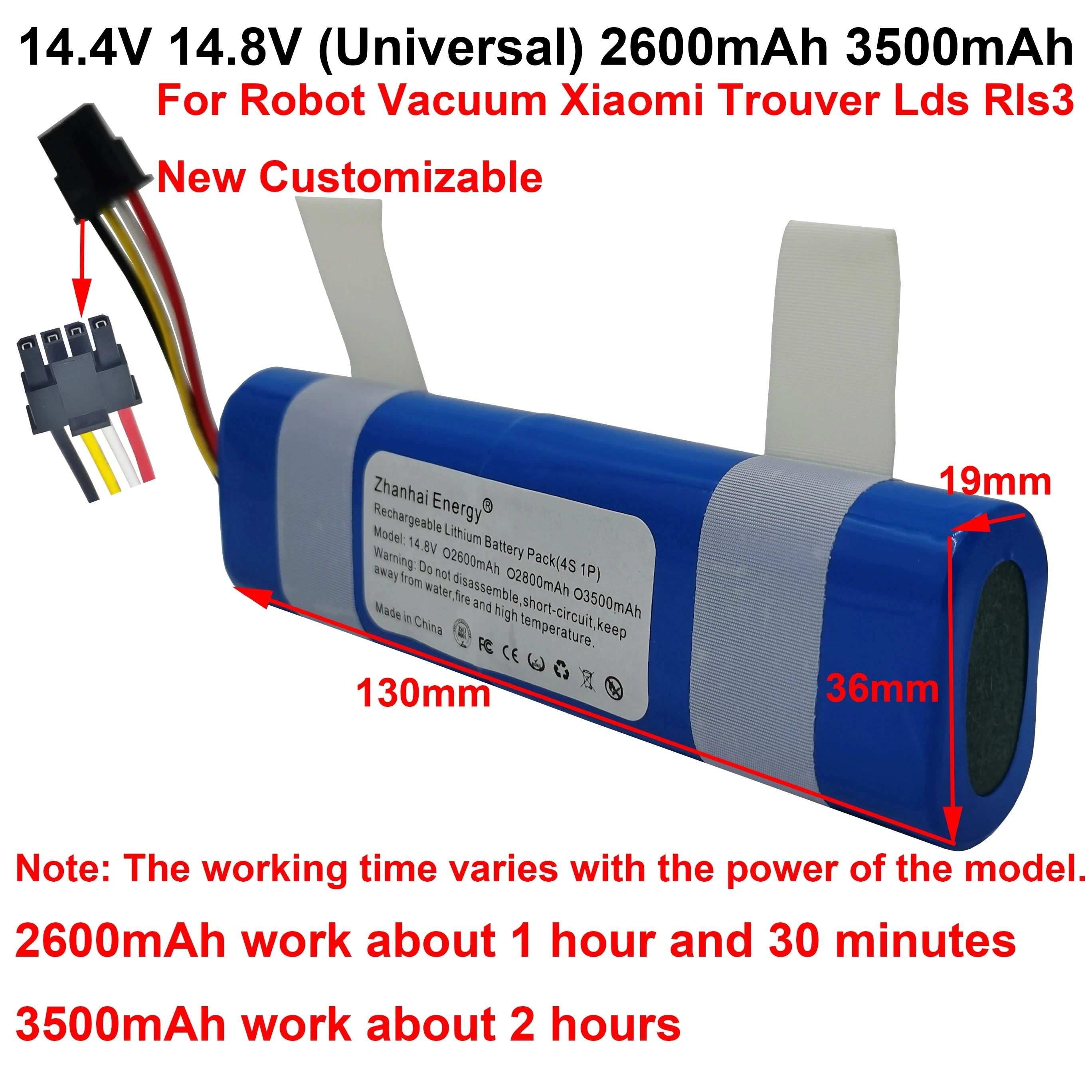 14.4V 14.8V 2600MAh 3.5Ah แบบลิเธียมไอออนแบตเตอรี่ Pack สำหรับเครื่องดูดฝุ่นหุ่นยนต์ Xiaomi Trouver Lds Rls3ใหม่ปรับแต่ง