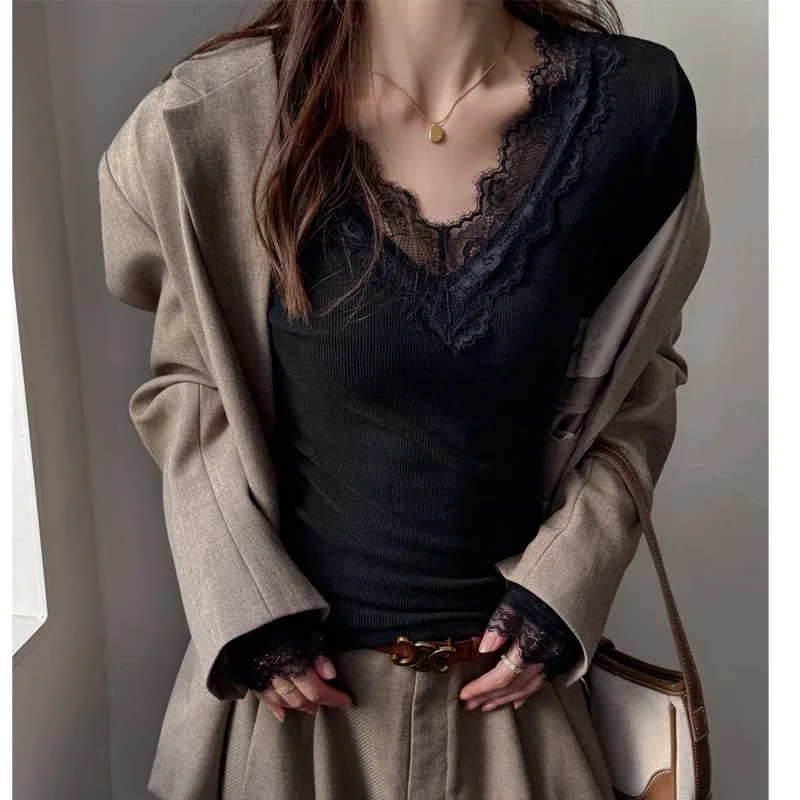 Women's V Neck Fitted Drop Shoulder Lace Trim Blouse Brushed Long Sleeve Women's Shirt with Delicate Lace Detail and Soft Fabric