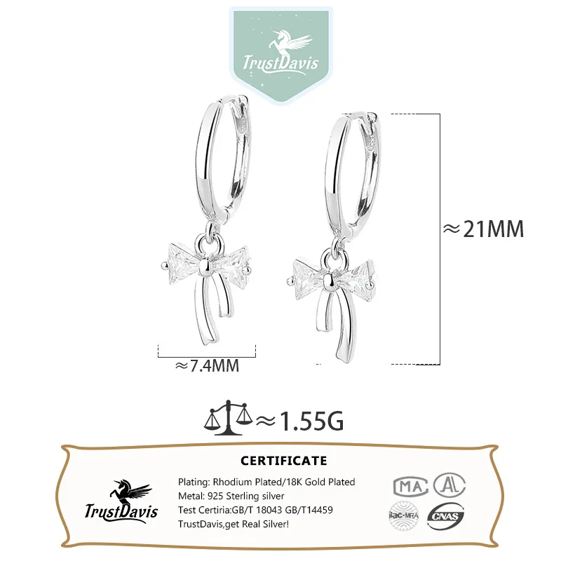 TrustDavis Real 925 Sterling Silver Fashion Sweet Zircon Refinement Bow Hoop Earrings for Women Wedding Party Jewelry DA1978
