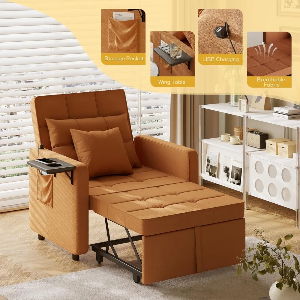 Convertible Sofa Chair Bed with Wing Table, USB Ports, and Two Pillows - 3-in-1 Couch for Futon Sleeper Living Space
