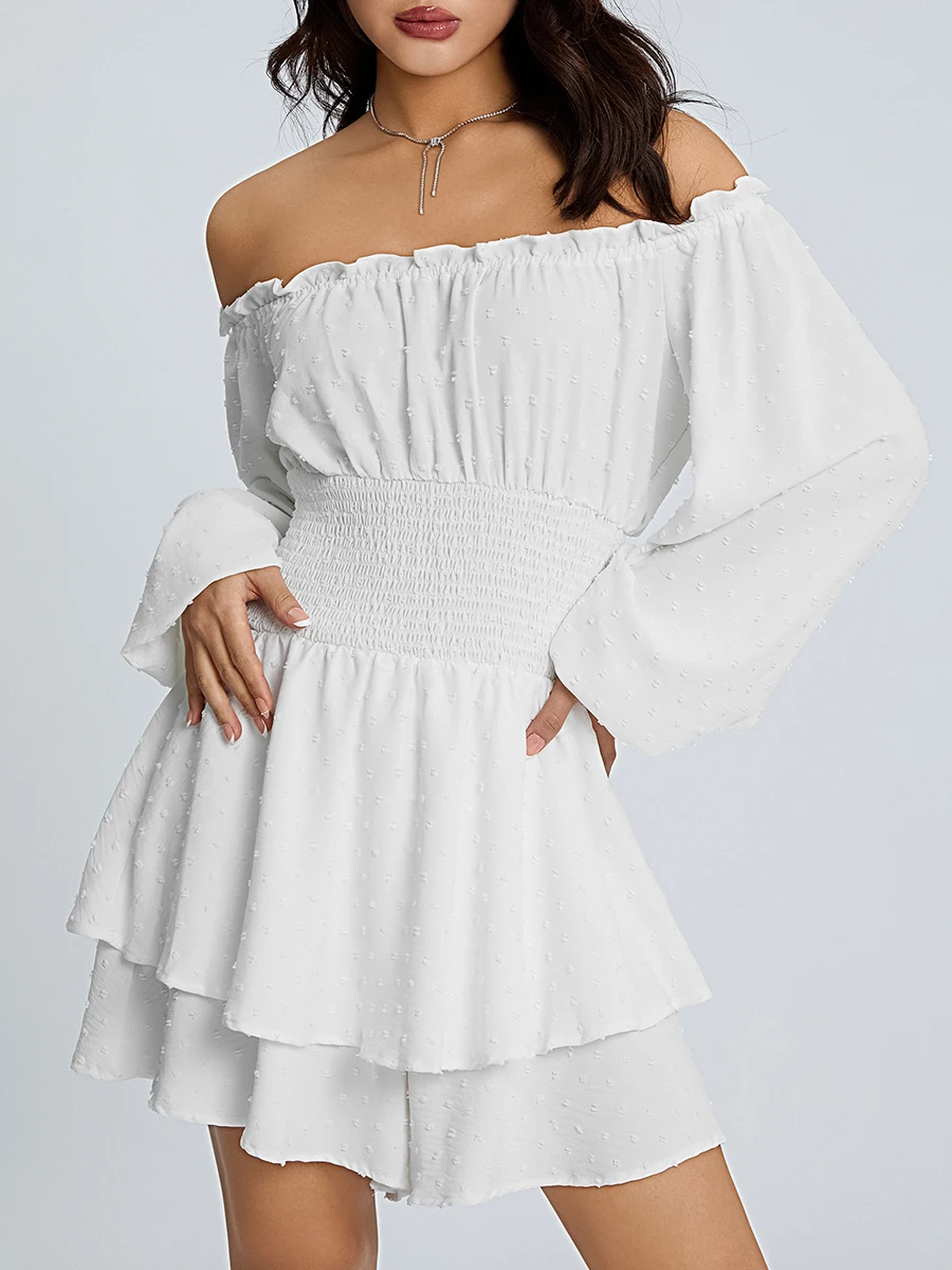 

Women Boho Off Shoulder Romper Lantern Long Sleeve Smocked Ruffle Hem Short Jumpsuit High Waist Rompers