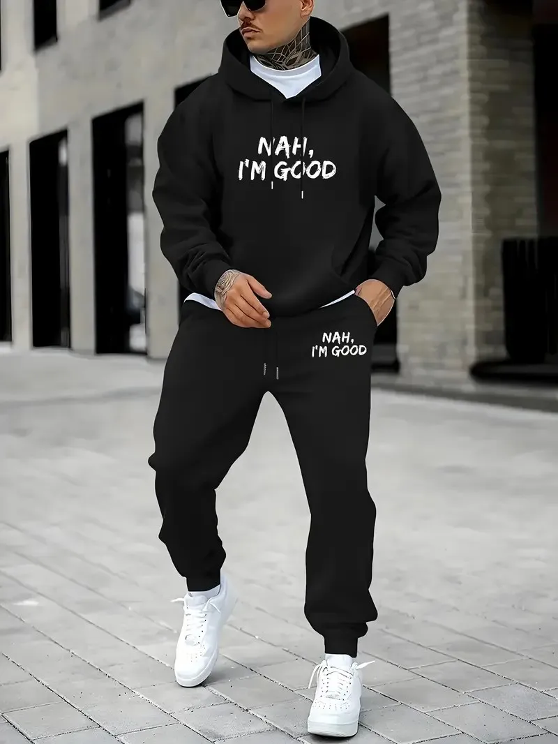 2026 Autumn/Winter New Style Street Casual Fashion Comfortable Soft 3D Letter Pattern Printed Men's Hooded Sweatshirt Set view 2