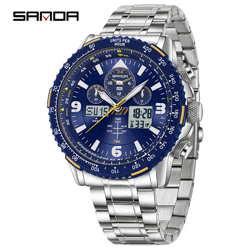 SANDA Neue Business-Quarzuhren für Herren, modisches Edelstahlband, Datum, multifunktionaler Chronograph, 5 Bar, wasserdichte Uhr