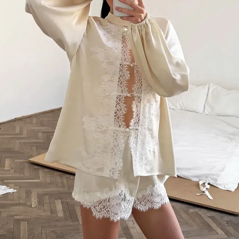 Elegant Solid Satin Nightgown Outfits Autumn Long Sleeve Loose Soft Sets Fashion Lapel Lace-up Button Shirts&Shorts Pajamas Sets