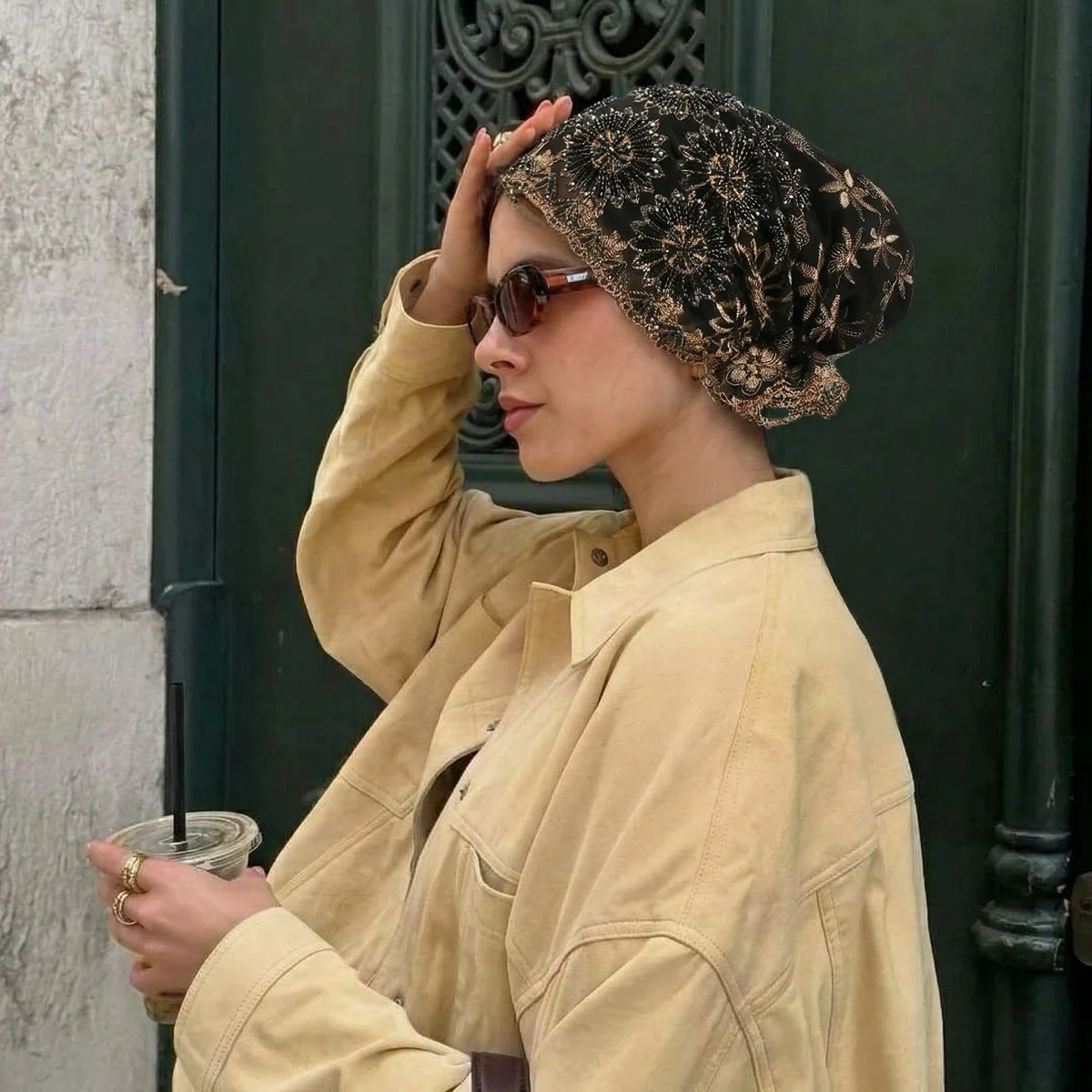 

Luxury Full Diamond Lace Cap Women Beautiful Pearls Beading Breathable Mesh Tube Caps Muslim Floral Embroidery Turban for Eid