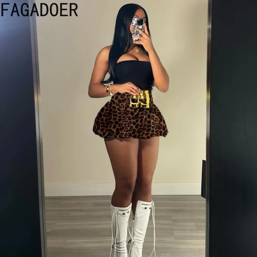 FAGADOER New Leopard Bubble Mini Skirts Plaid Women Elastic High Waist Ruched Pleated Puff Skirts Y2K Streetwear Basic Bottoms